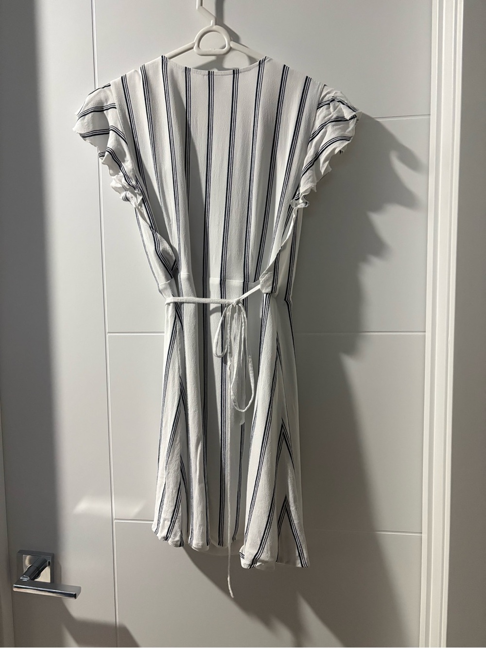 Sunday Best White Mini Wrap Dress with Navy Stripes and Flutter Sleeves - Picture 2 of 3